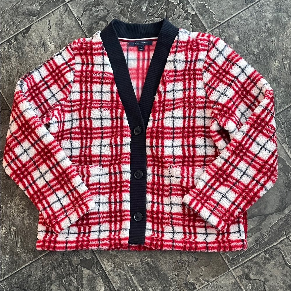 TOMMY HILFIGER Women’s Plaid Sherpa Teddy Cardigan Sweater Preppy Cottagecore